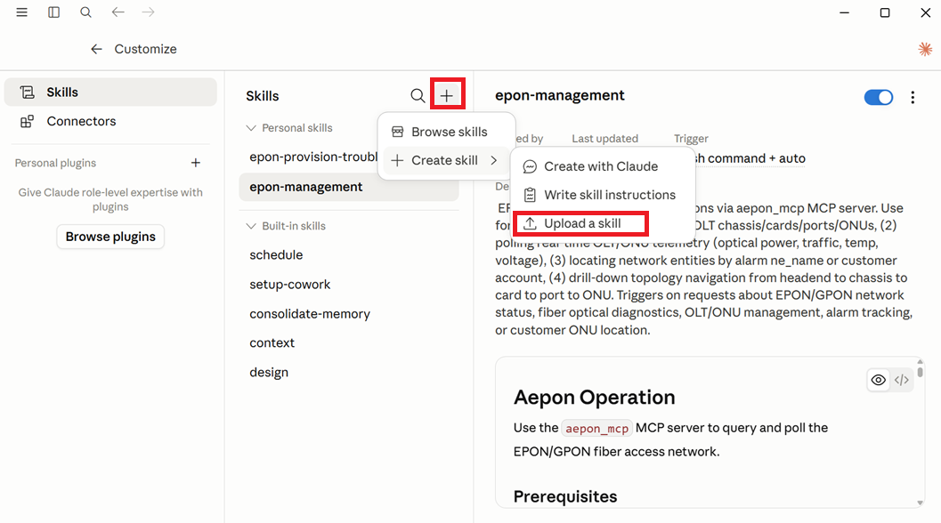 Upload skill in Claude Desktop